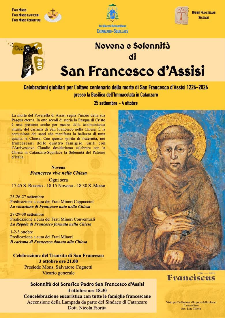 Novena e Solennità di San Francesco d’Assisi all’Immacolata: a Catanzaro le celebrazioni per gli 800 anni dalla morte del Poverello